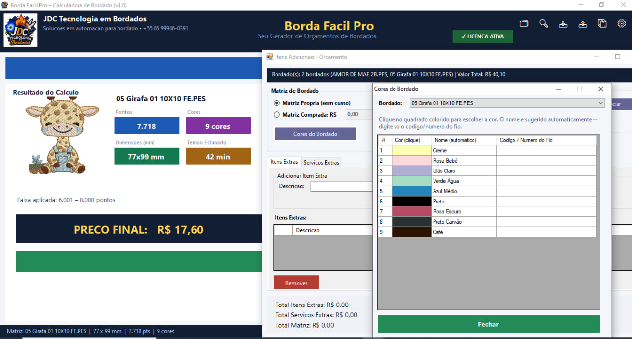 Tela do Programa — Tabela de Cores com Código do Fio