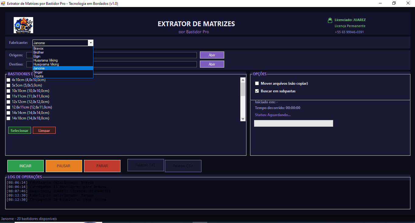 Interface do Programa — Extrator de Matrizes por Bastidor Pro